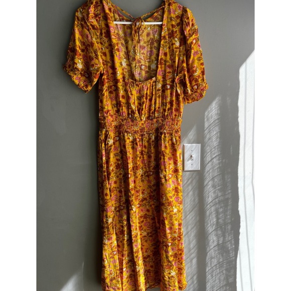 Floral Print Dress Smocked Waist Yellow Pink Rust Short Sleeve CasualFeminine - Picture 8 of 10